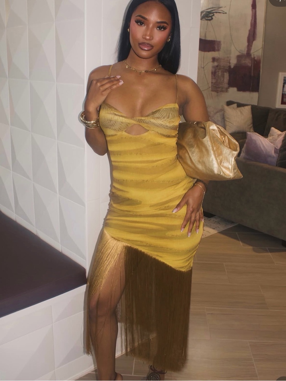 Gold Fringe Slip Midi Dress with Cutout- The Kript